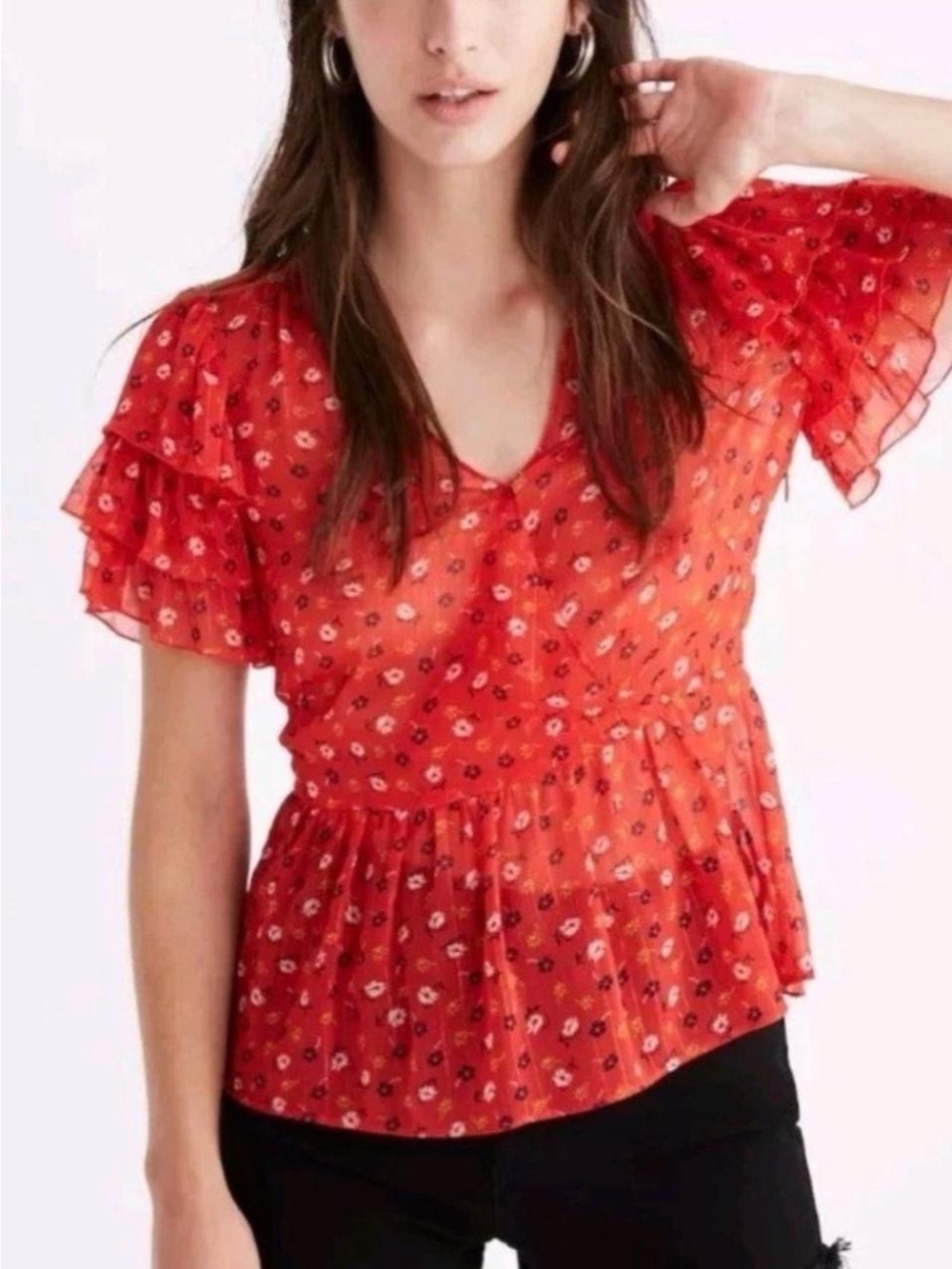 Madewell Tiered-Sleeve Peplum Top Metallic Prairie Posies Red Ruffle Sleeve Sz 0